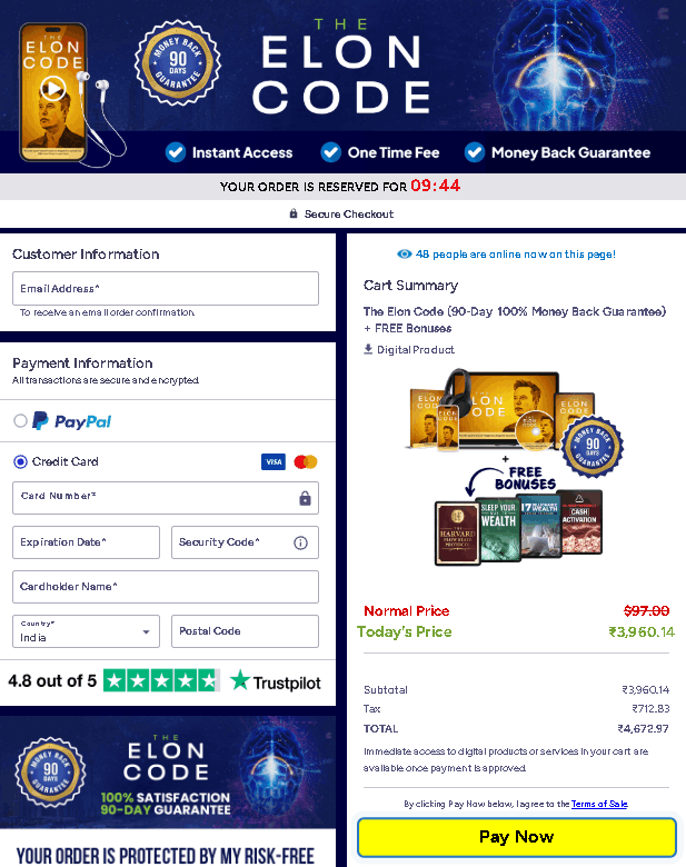 The Elon Code checkout page 